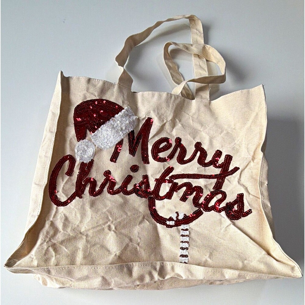Beige Canvas Reusable Shopping Tote Bag Merry Christmas Sequin Design, Large